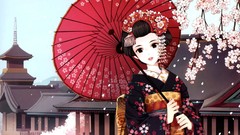 Anime Umbrellas kimono Castles cherry blossoms Japanese clothes