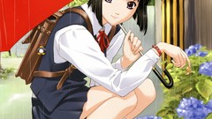 Anime Umbrellas schoolgirls smiling pink eyes anime girls black 