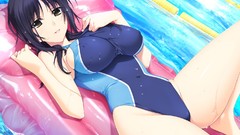 Anime wet anime girls black hair lying down swimsuits swimming 