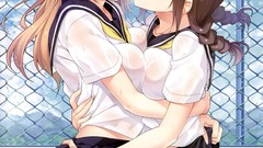 Anime wet red eyes clothes skirts anime girls green eyes school 