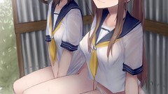 Anime wet sitting skirts blush anime girls school uniforms 