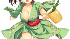 Anime white background kimono short hair alpha cleavage Simple 