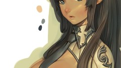 Anime white background long hair gray eyes brunettes cleavage