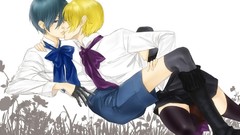 Anime white background Shorts blondes kissing boots brunettes 