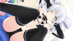Anime white hair green eyes black panties black stockings 