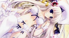 Anime white hair long hair anime girls blue eyes bra lying down 