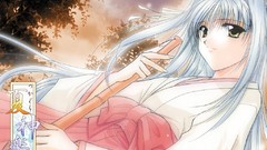 Anime white hair long hair anime girls green eyes galge miko 