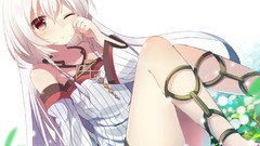 Anime white hair long hair brown eyes bare shoulders