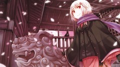 Anime white hair red eyes scarfs smiling anime girls