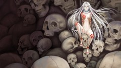 Anime white hair red eyes sitting skulls long hair anime girls 