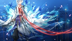 Anime white hair Ribbons kimono anime girls short hair yellow 