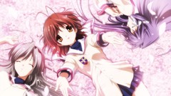 Anime white hair schoolgirls skirts smiling anime girls purple 