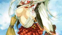 Anime white hair smiling anime girls blue eyes jumping skies 