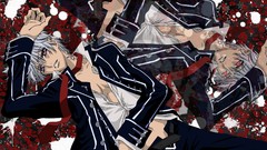 Anime white hair vampire knight purple eyes lying down 