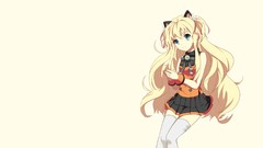 Anime yellow background blondes skirts long hair blue eyes 