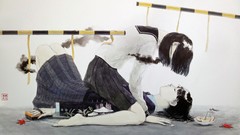 Apples barefoot anime girls gates closed eyes school uniforms 