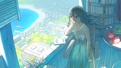 Apples Books dress sitting cities anime girls window panes