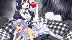 Apples food Anime red eyes gloves blue hair long hair anime 