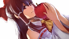 Apples white background red eyes faces fruits bows long hair 