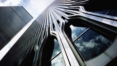 architecture worm's eye view clouds skyscraper reflection