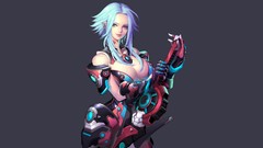 Armor blue hair anime girls blue eyes cleavage futuristic 