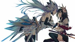 Armor red eyes gloves Swords stockings blue hair smiling long 