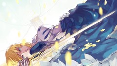 Armor saber blondes anime girls blue eyes fate stay night lying 