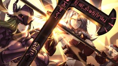 Armor white hair red eyes anime girls heterochromia green hair 