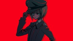 Army soldiers hats military red background jackets blondes 