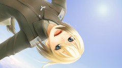 Army soldiers military jackets blondes smiling anime girls blue 