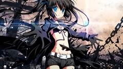 Artist chains blue eyes black rock shooter black hair underwear 