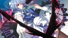 Artist red eyes gloves blue hair anime girls short hair braids 