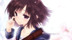 Artist white background blue eyes crying short hair purple hair