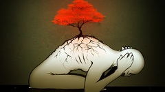 Artwork bending over hands