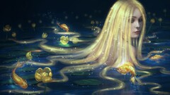 artwork blonde Flowers koi fish lily pads long hair Women Plants