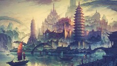 artwork boat asian architecture fantasy art fantasy city drawing