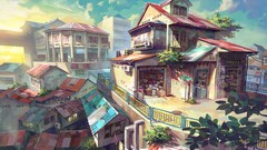 artwork cityscape City Anime rooftops