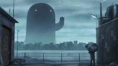 artwork creature umbrella rain cityscape Anime cyan dark City