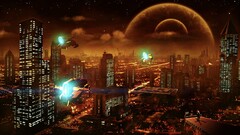 artwork futuristic spaceship City digital art sky night