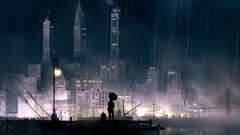 artwork lantern night rain cityscape