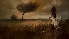 artwork Pyramid Head digital art Women nature field Trees House