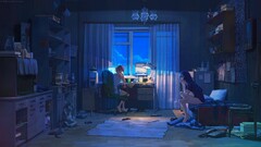 artwork room Anime anime girls night looking at viewer sitting