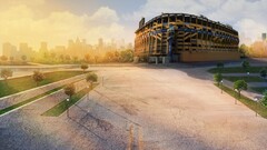 artwork sky cityscape building asphalt Trees clouds sunlight