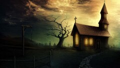 artwork spooky sky Church Trees dark