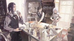 artwork white hair anime boys kitchen anime girls cook