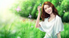 artwork Women asian fantasy girl butterfly smiling grass Plants
