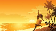 artwork Women palm trees beach sky Birds sunlight arms up