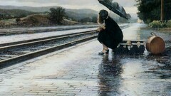 artwork Women umbrella train station rain women outdoors sitting