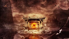 Asia temple Desktopography digital art landscape Birds