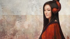 asian painting looking at viewer long hair artwork Women